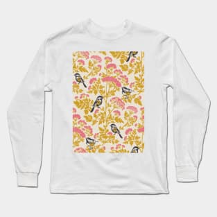 Hemlock with Chickadee Birds in Pink and Mustard Yellow Floral Repeat Pattern Long Sleeve T-Shirt